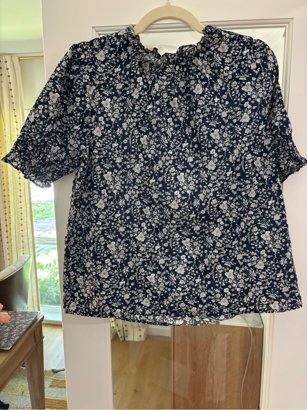 J. Crew Navy Floral Ruffle-Neck Blouse